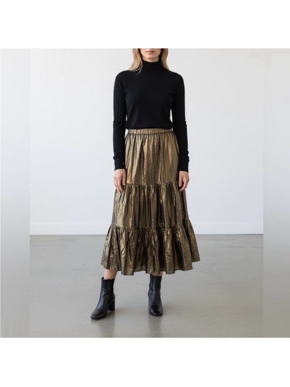 J. Crew Metallic Gold Tiered Maxi Long Skirt Perfect for Fall - Picture 4 of 9
